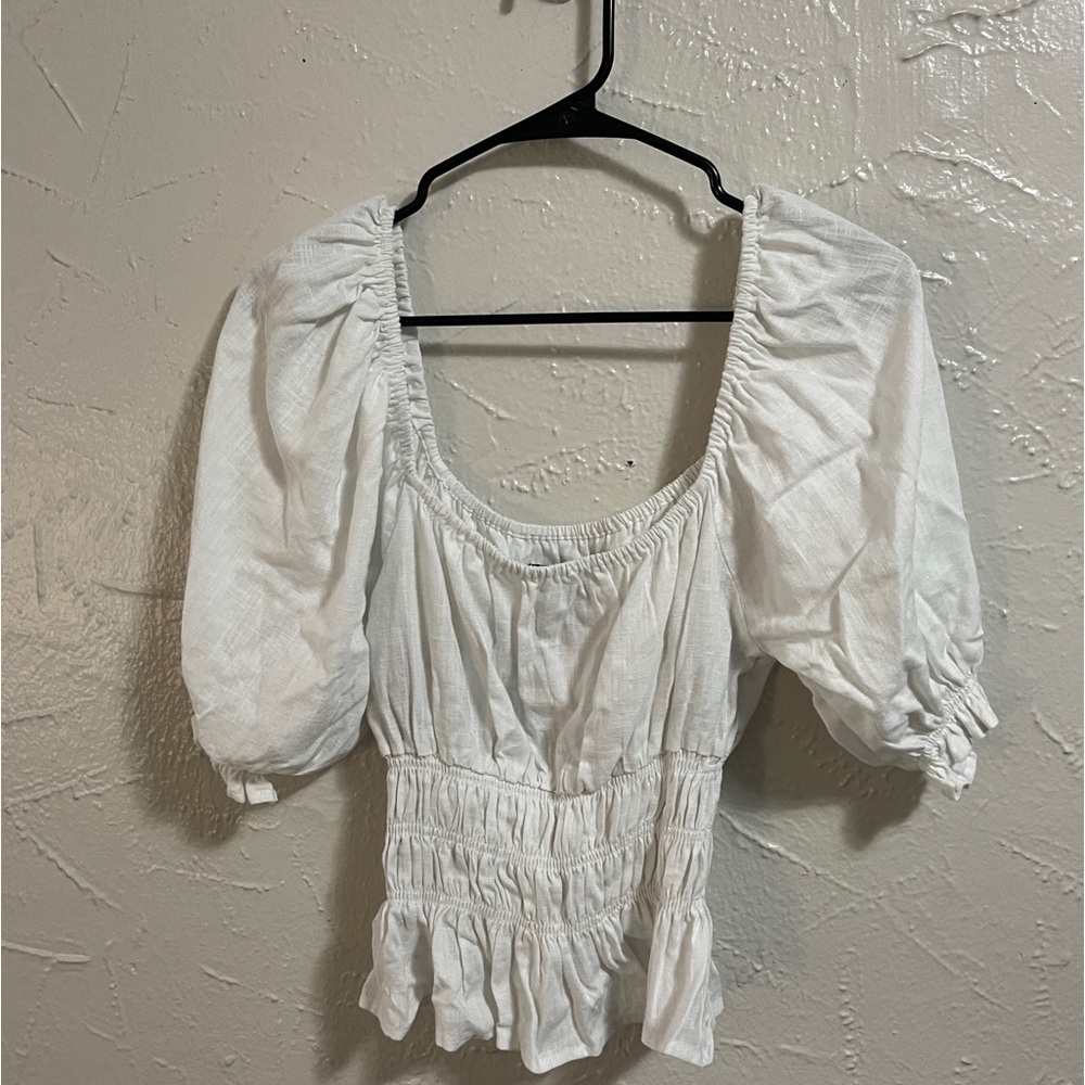 F21 Smocked puff sleeve top in white